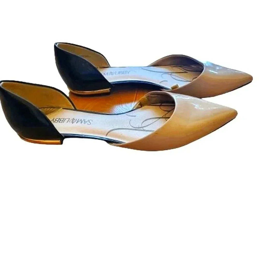 Sam & Libby taupe body, and black 1/2" gold heel Size 9.5